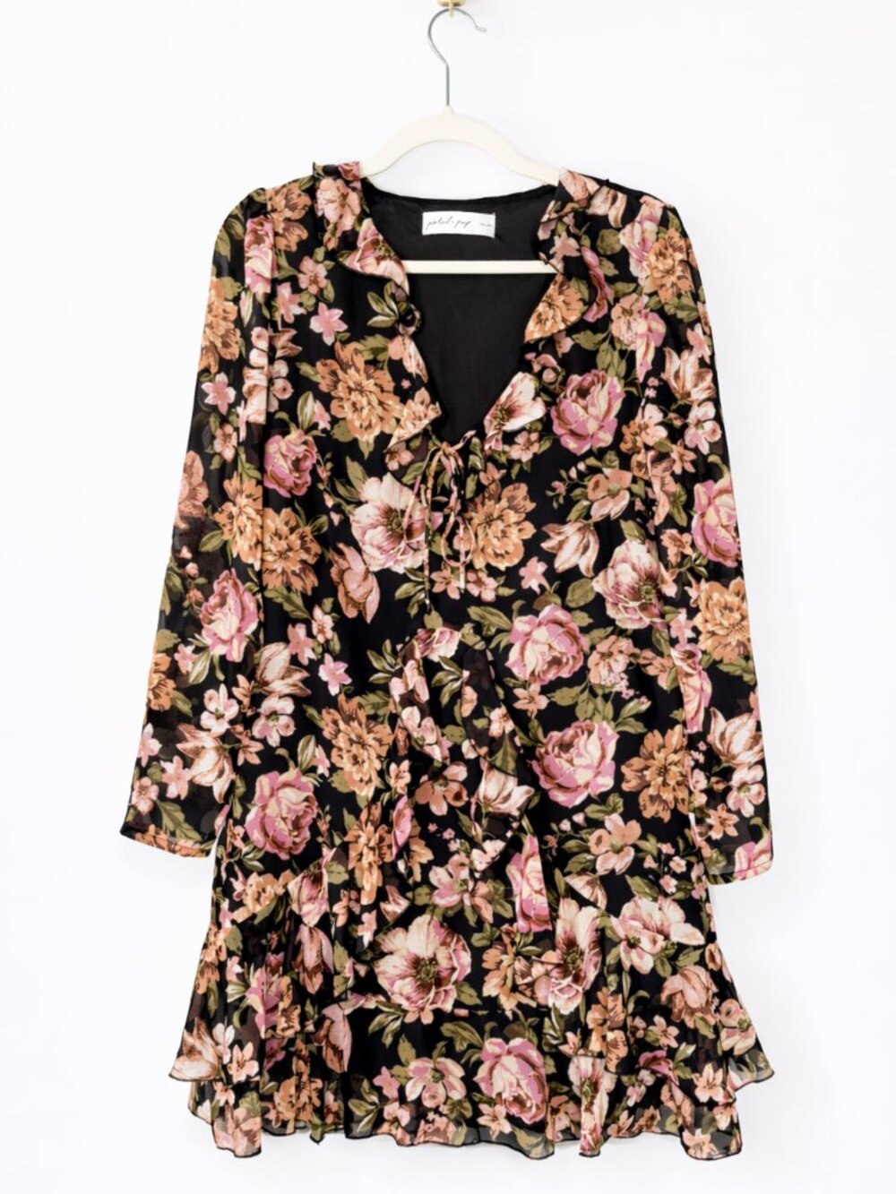 Petal & Pup Alyssia Long Sleeve Floral Ruffle Minidress Small Romantic V Neck